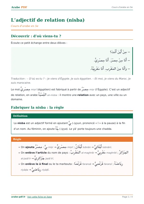Cours « L’adjectif de relation (nisba) » en PDF