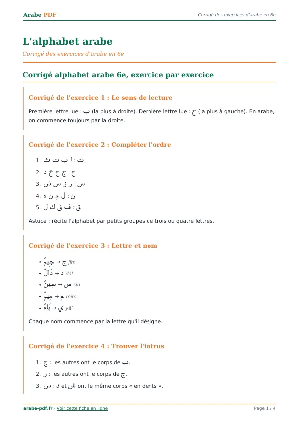 Corrigé « L’alphabet arabe » en PDF