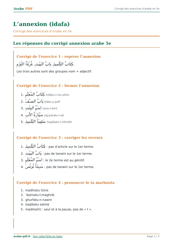 Corrigé « L’annexion (idafa) » en PDF
