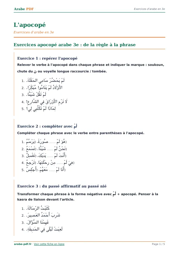 Exercices « L’apocopé » en PDF