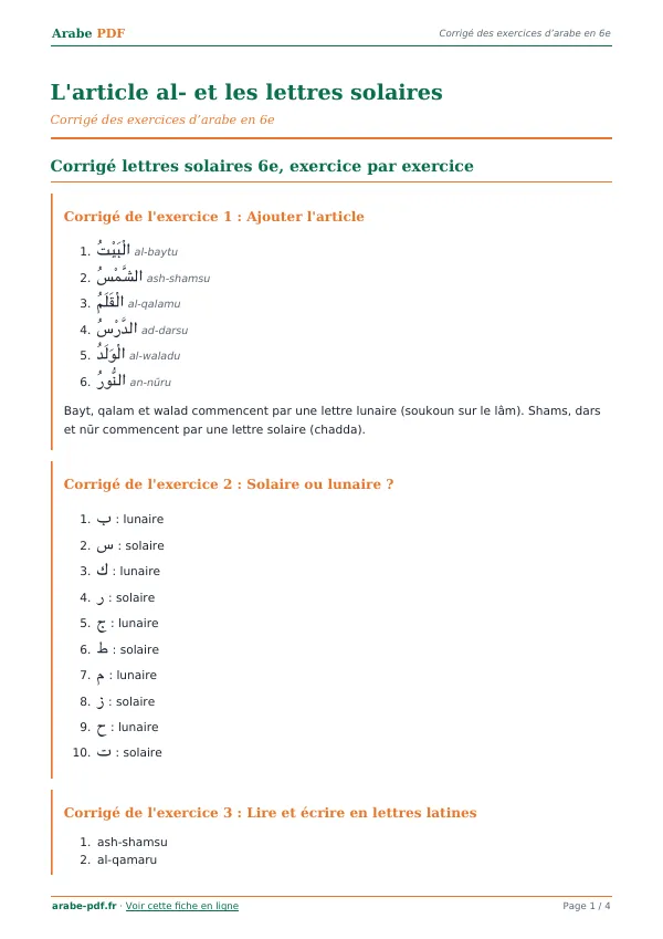 Corrigé « L’article al- et les lettres solaires » en PDF