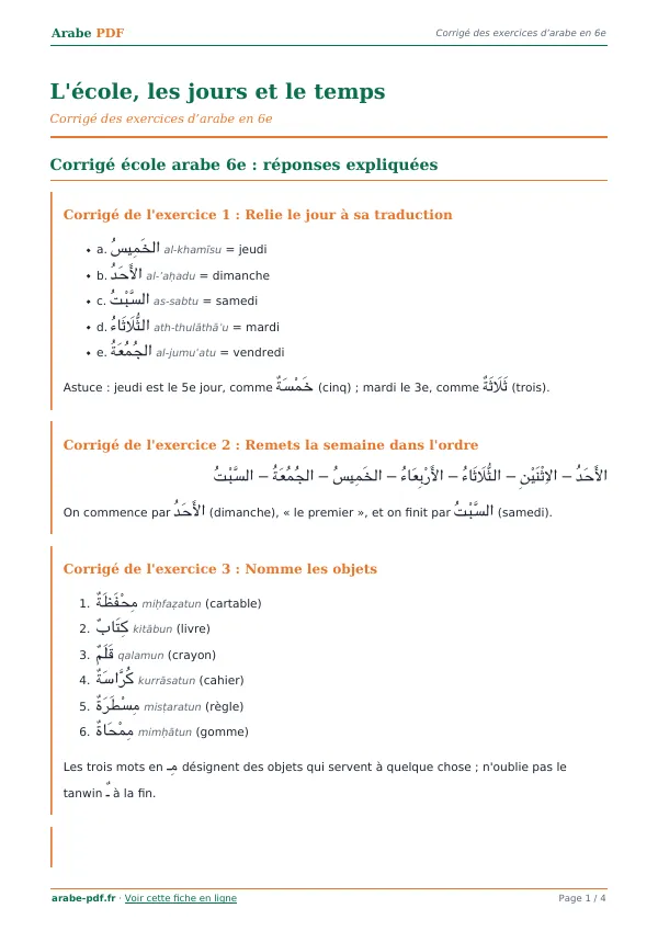 Corrigé « L’école, les jours et le temps » en PDF