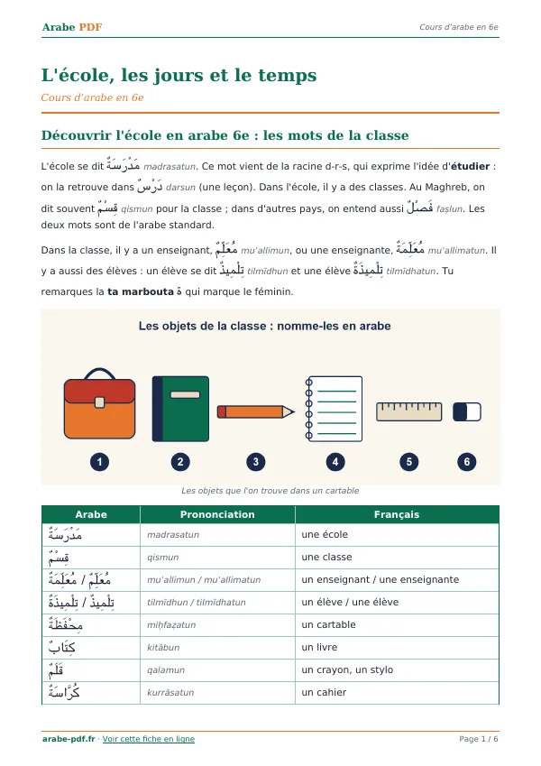 Cours « L’école, les jours et le temps » en PDF