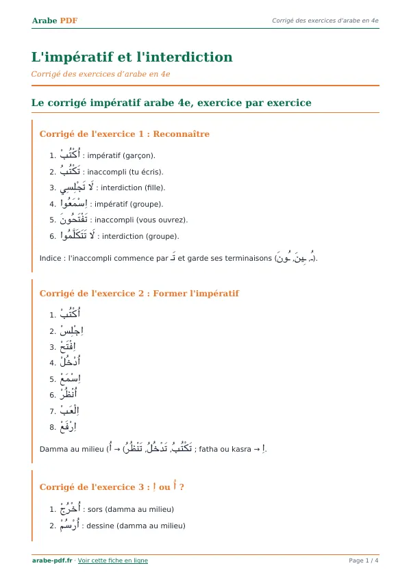 Corrigé « L’impératif et l’interdiction » en PDF