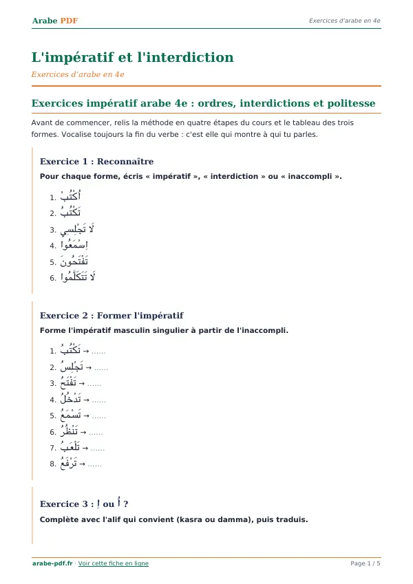 Exercices « L’impératif et l’interdiction » en PDF