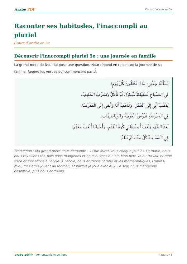 Cours « Raconter ses habitudes, l’inaccompli au pluriel » en PDF