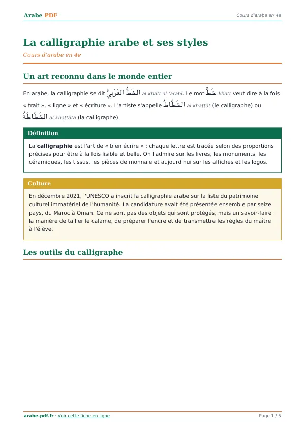 Cours « La calligraphie arabe et ses styles » en PDF