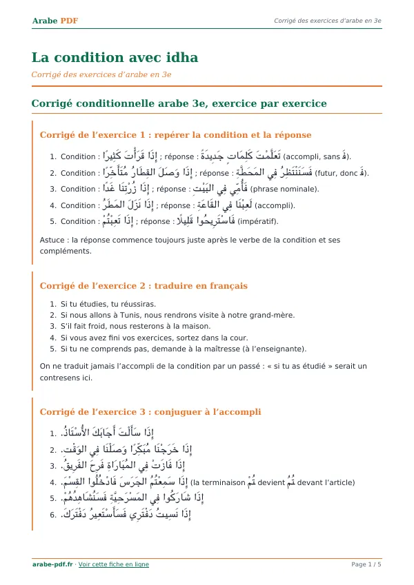 Corrigé « La condition avec idha » en PDF