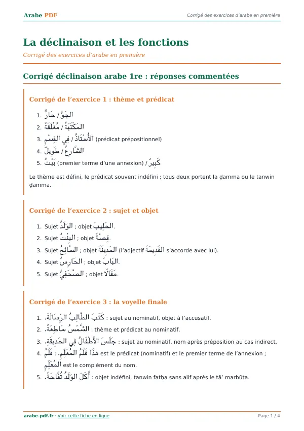 Corrigé « La déclinaison et les fonctions » en PDF