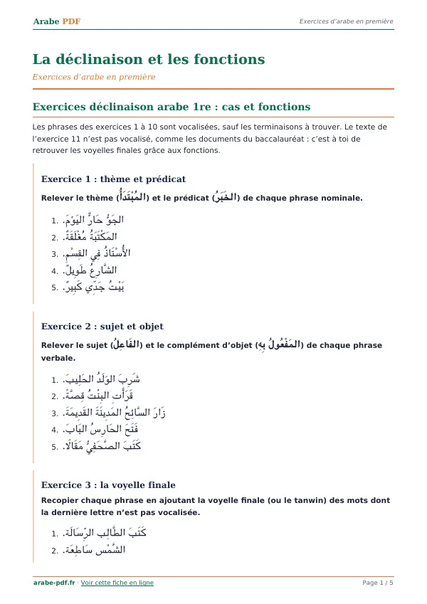 Exercices « La déclinaison et les fonctions » en PDF