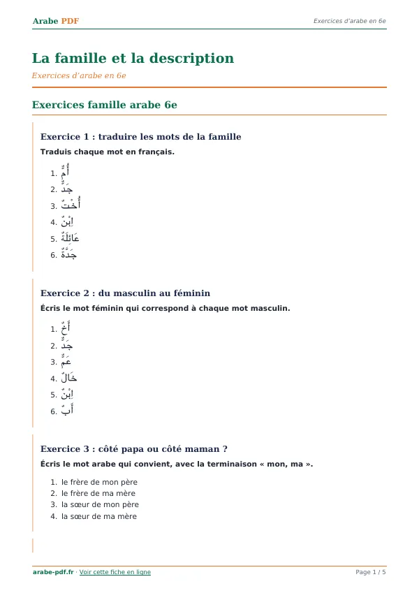 Exercices « La famille et la description » en PDF