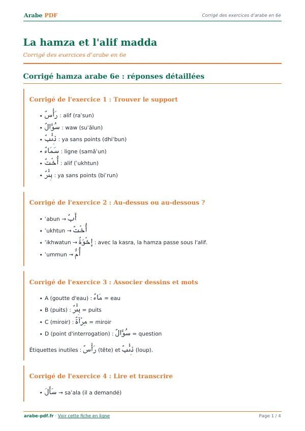 Corrigé « La hamza et l’alif madda » en PDF