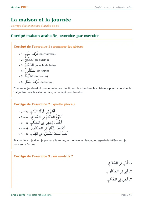 Corrigé « La maison et la journée » en PDF