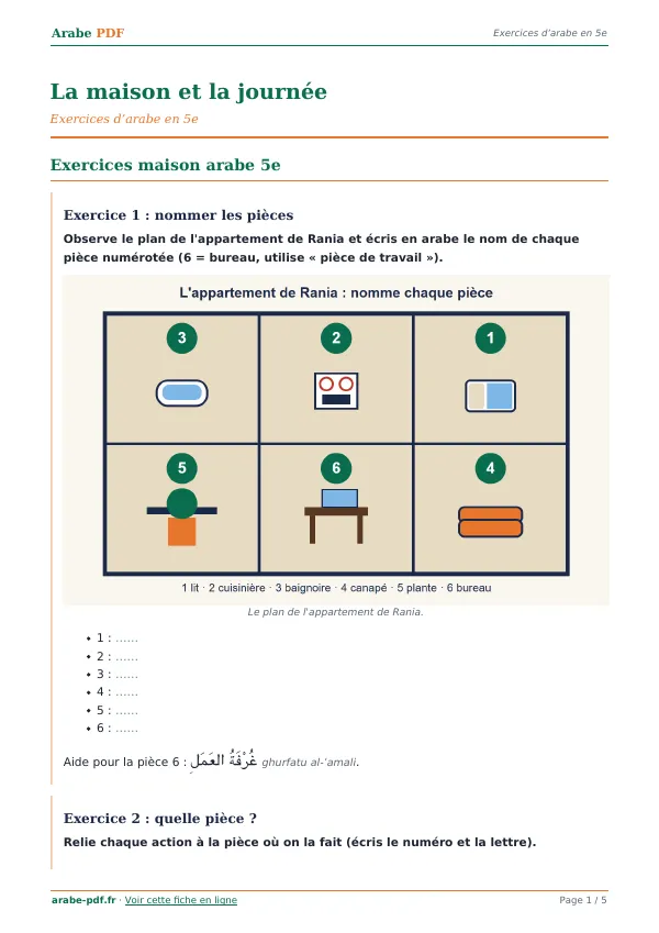 Exercices « La maison et la journée » en PDF