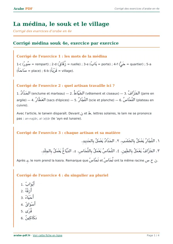 Corrigé « La médina, le souk et le village » en PDF