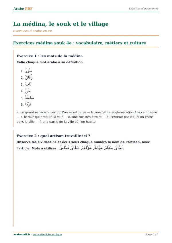 Exercices « La médina, le souk et le village » en PDF
