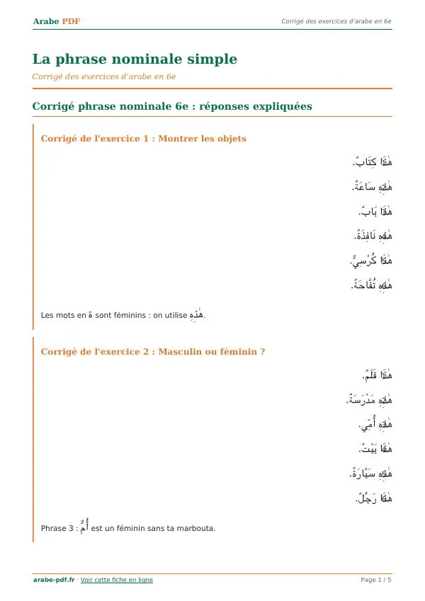 Corrigé « La phrase nominale simple » en PDF