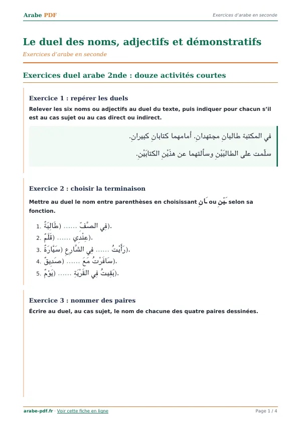 Exercices « Le duel des noms, adjectifs et démonstratifs » en PDF