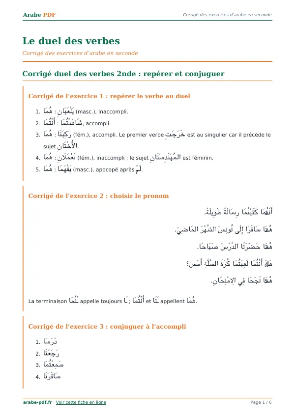 Corrigé « Le duel des verbes » en PDF