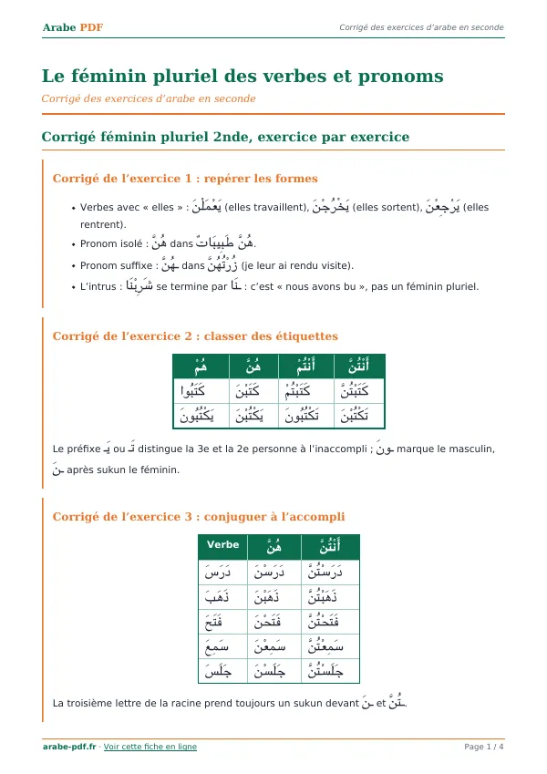 Corrigé « Le féminin pluriel des verbes et pronoms » en PDF