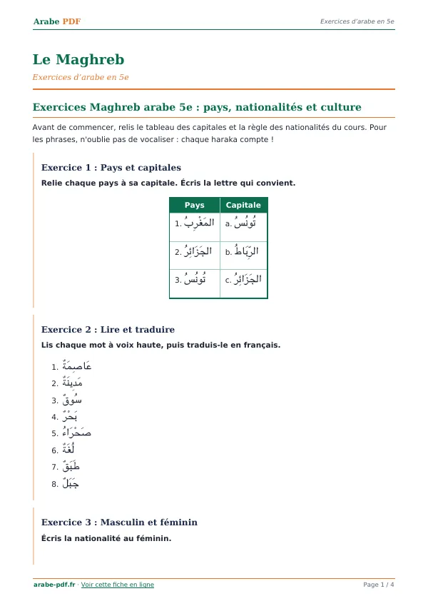 Exercices « Le Maghreb » en PDF