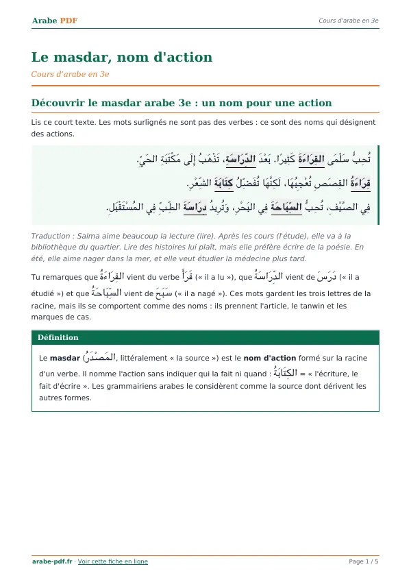 Cours « Le masdar, nom d’action » en PDF