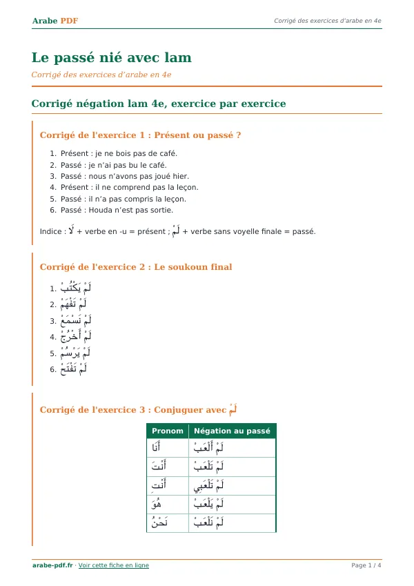 Corrigé « Le passé nié avec lam » en PDF