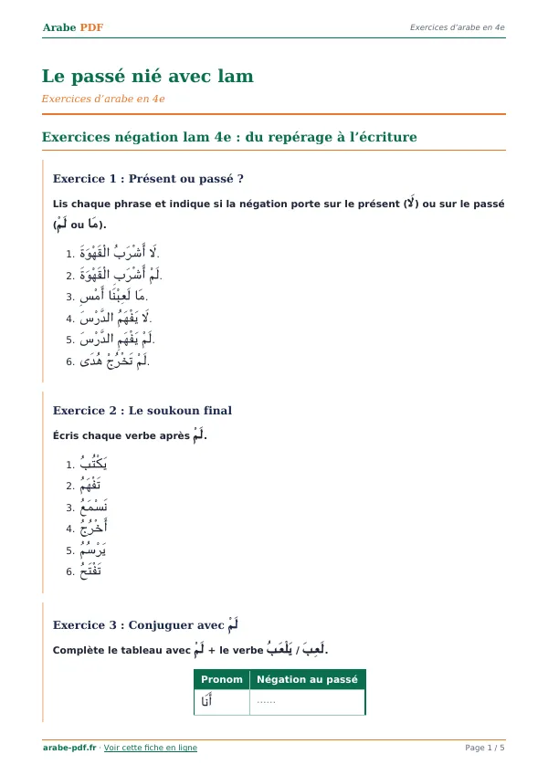 Exercices « Le passé nié avec lam » en PDF