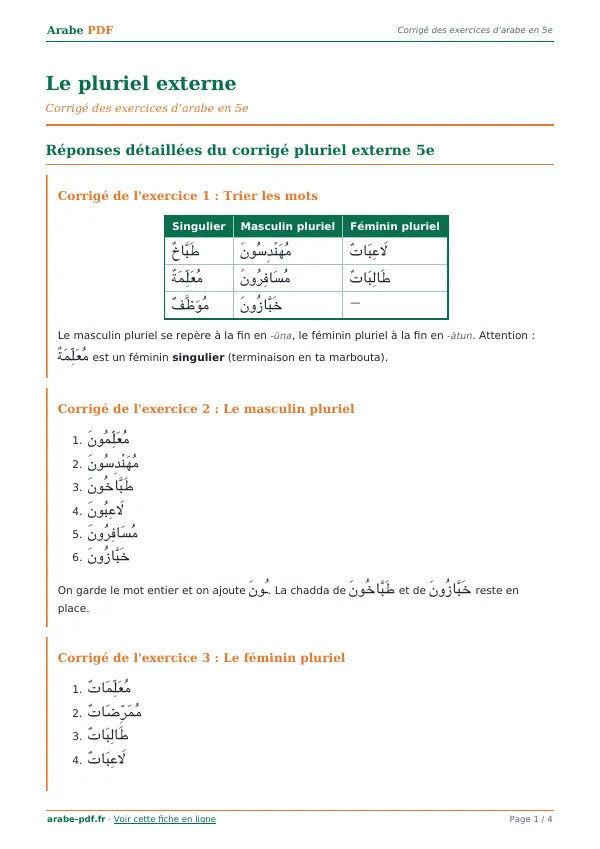 Corrigé « Le pluriel externe » en PDF