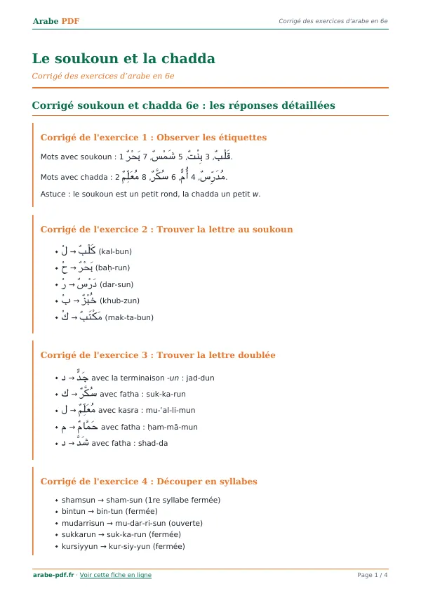 Corrigé « Le soukoun et la chadda » en PDF