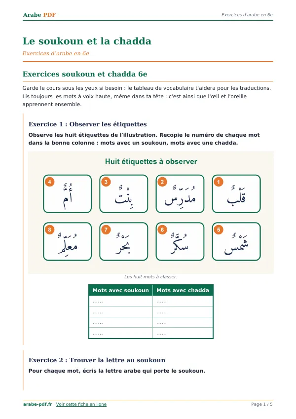 Exercices « Le soukoun et la chadda » en PDF