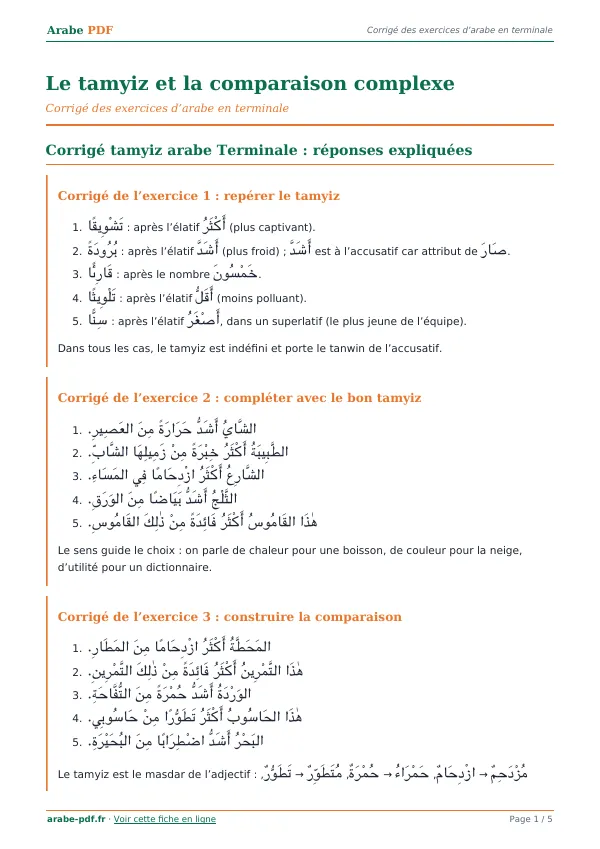 Corrigé « Le tamyiz et la comparaison complexe » en PDF