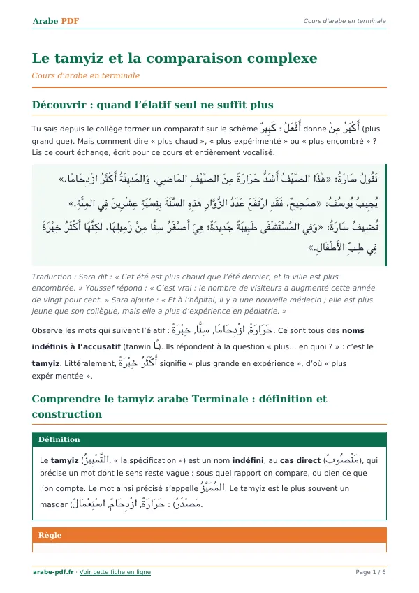 Cours « Le tamyiz et la comparaison complexe » en PDF