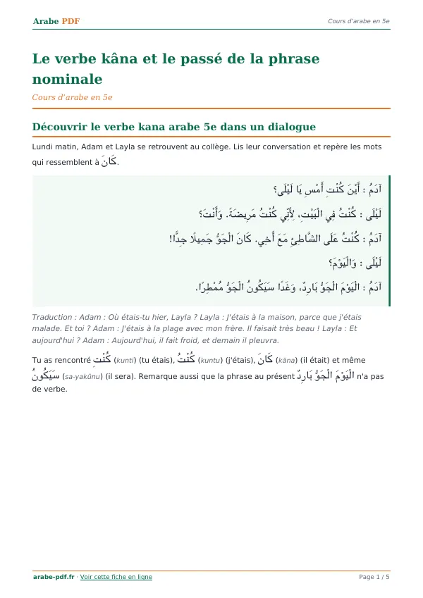 Cours « Le verbe kâna et le passé de la phrase nominale » en PDF