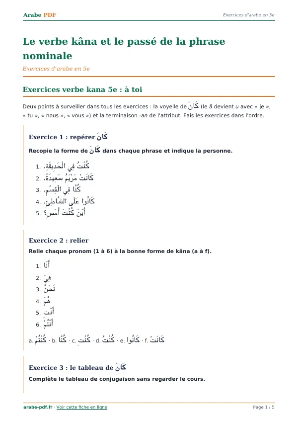Exercices « Le verbe kâna et le passé de la phrase nominale » en PDF