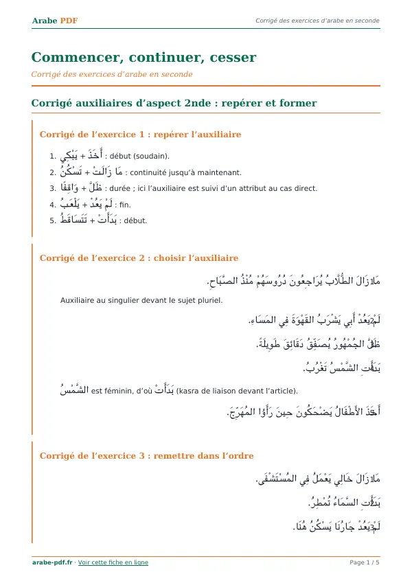 Corrigé « Commencer, continuer, cesser » en PDF