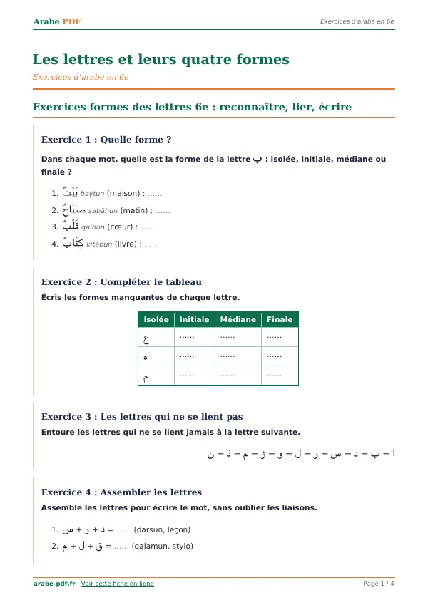 Exercices « Les lettres et leurs quatre formes » en PDF
