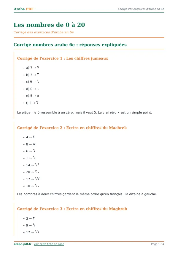 Corrigé « Les nombres de 0 à 20 » en PDF