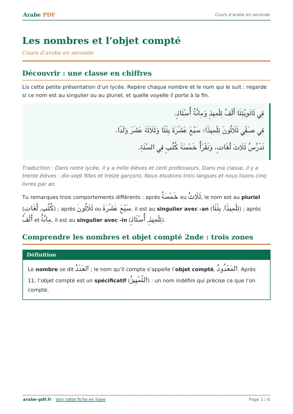 Cours « Les nombres et l’objet compté » en PDF