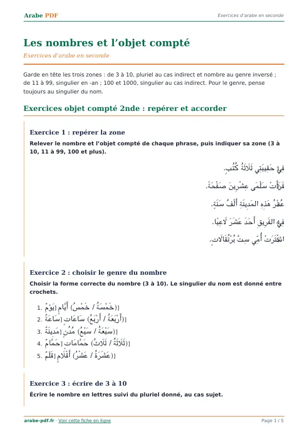 Exercices « Les nombres et l’objet compté » en PDF