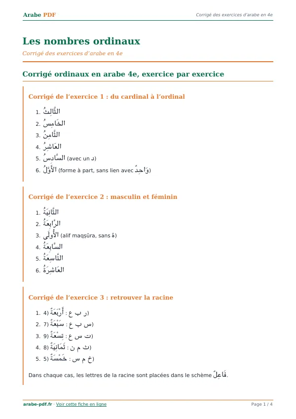 Corrigé « Les nombres ordinaux » en PDF