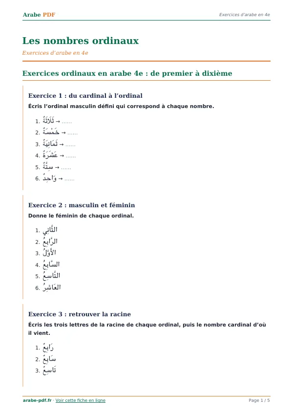Exercices « Les nombres ordinaux » en PDF