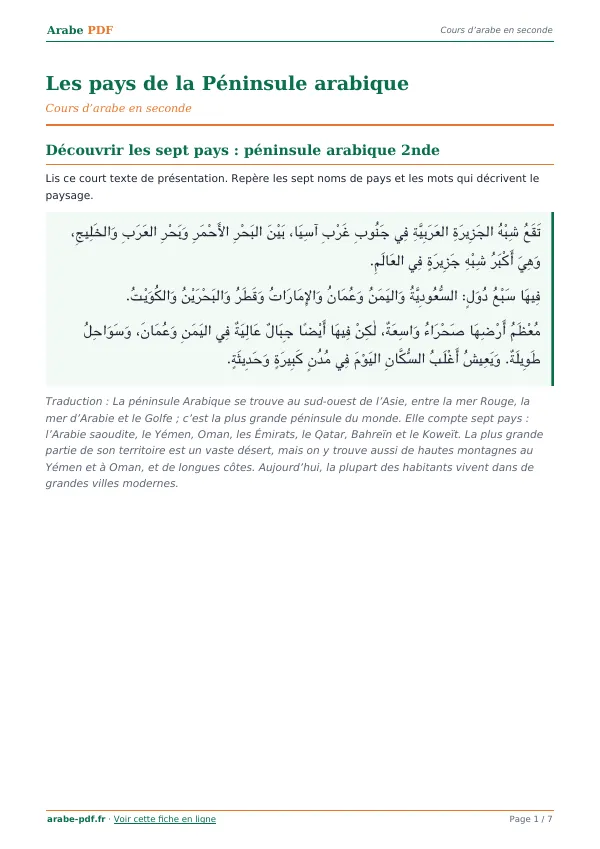 Cours « Les pays de la Péninsule arabique » en PDF