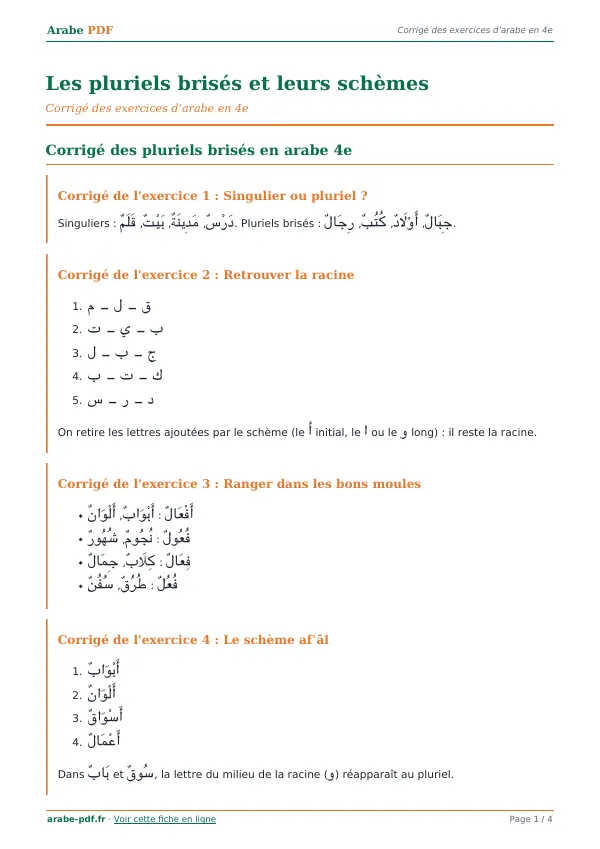 Corrigé « Les pluriels brisés et leurs schèmes » en PDF