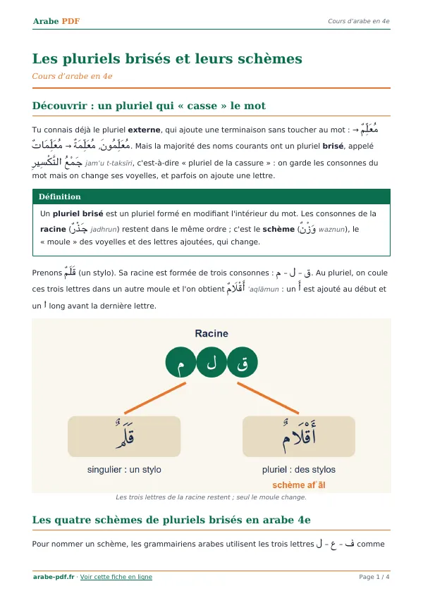 Cours « Les pluriels brisés et leurs schèmes » en PDF