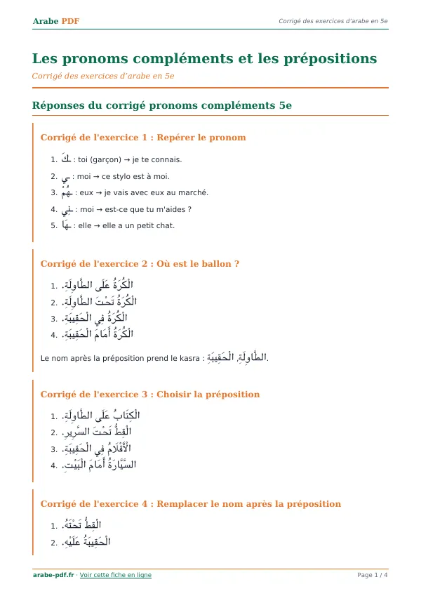 Corrigé « Les pronoms compléments et les prépositions » en PDF