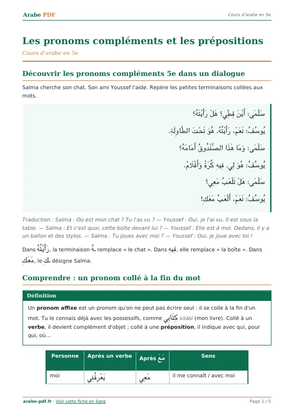 Cours « Les pronoms compléments et les prépositions » en PDF