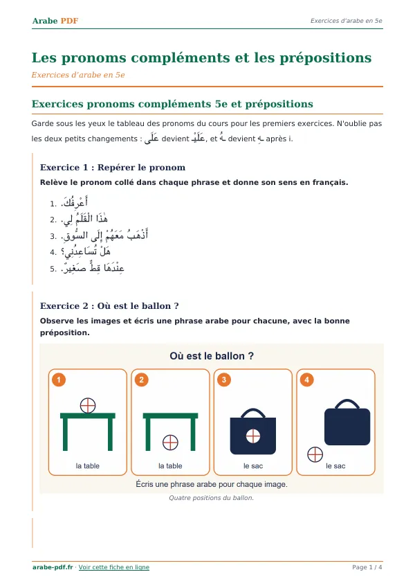 Exercices « Les pronoms compléments et les prépositions » en PDF