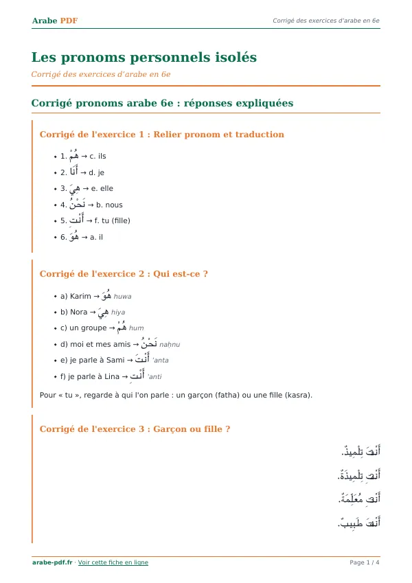 Corrigé « Les pronoms personnels isolés » en PDF