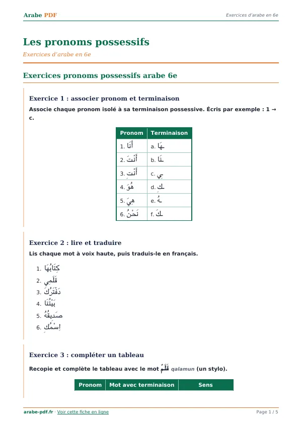 Exercices « Les pronoms possessifs » en PDF